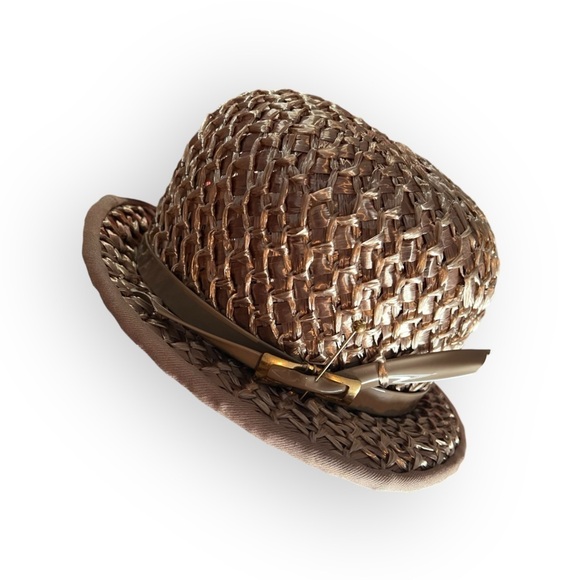 Vintage Accessories - Vintage tan wicker bowling hat neutral 60s retro summer short brim vacay cap